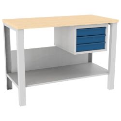 Stół warsztatowy metalowy z drewnianym blatem i 3 szufladami STW kolor RAL 7035/5010