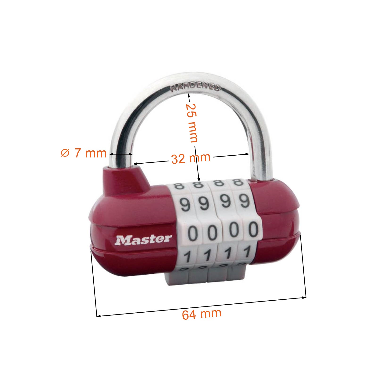 Wymiary kłódki na szyfr Masterlock 1523D koloru bordowego