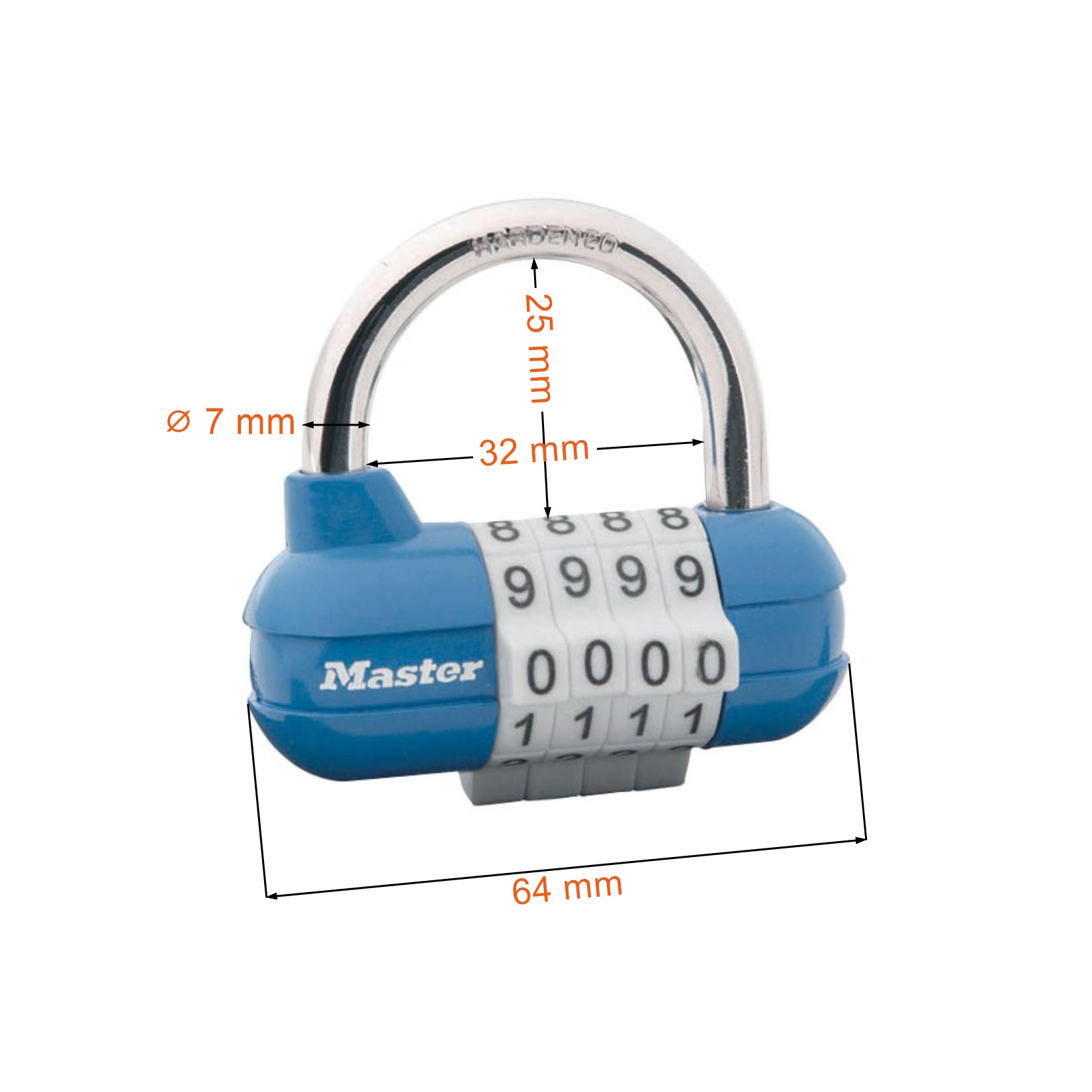 Wymiary kłódki na szyfr Masterlock 1523D koloru niebieskiego