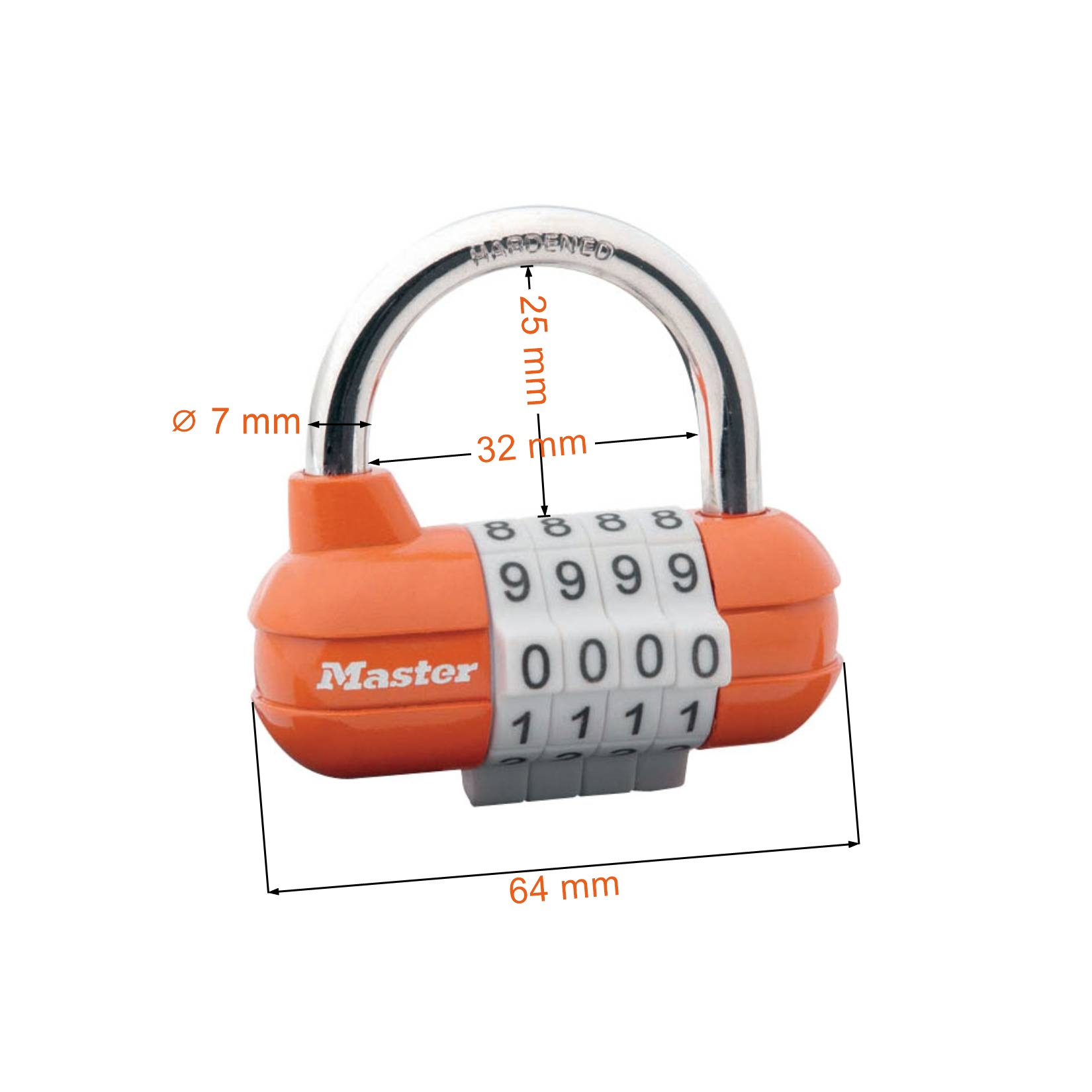 Wymiary kłódki na szyfr Masterlock 1523D koloru pomarańczowego