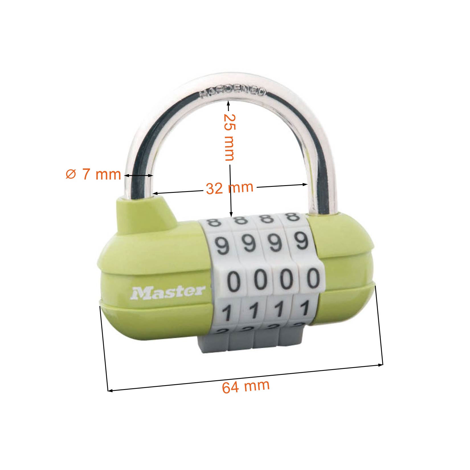 Wymiary kłódki na szyfr Masterlock 1523D koloru zielonego