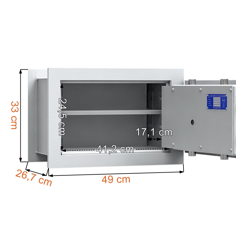 Wymiary sejfu do wbudowania w ścianę ISS Frankfurt 30003 z zamkiem kluczowym kolor RAL 7035
