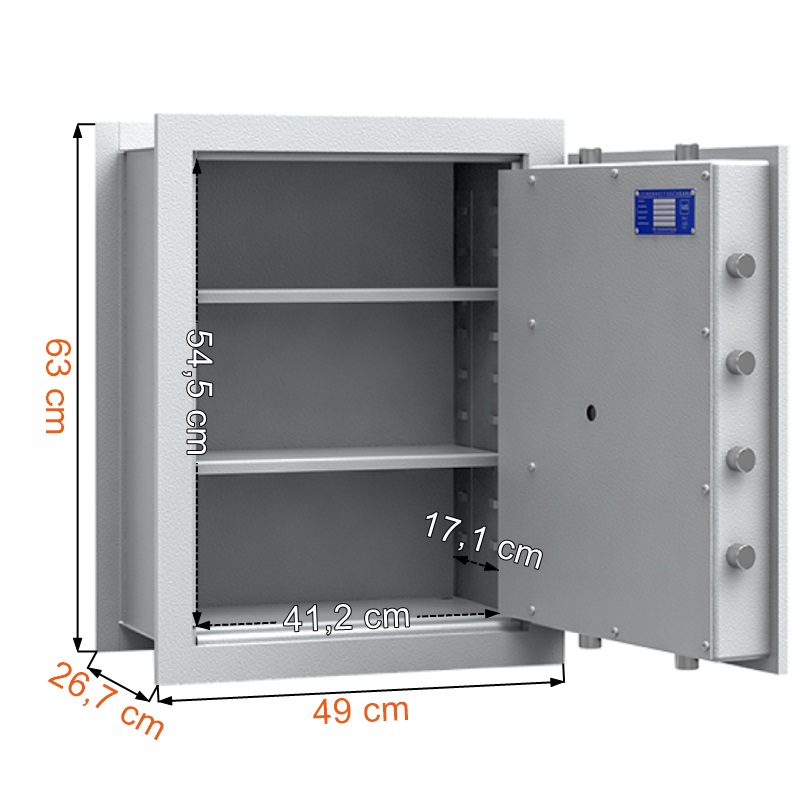 Wymiary i dane techniczne sejfu do montażu w ścianie ISS Frankfurt 30011 z zamkiem kluczowym