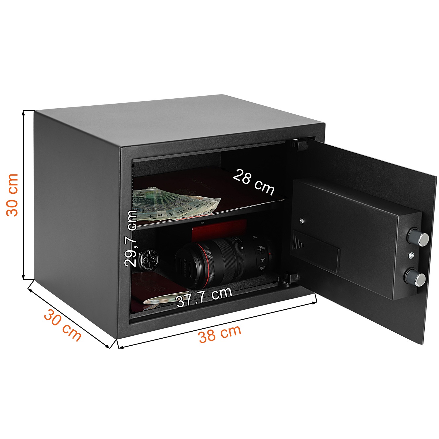 Wymiary sejfu domowego z zamkiem elektronicznym Homesafe HV30E Saffort