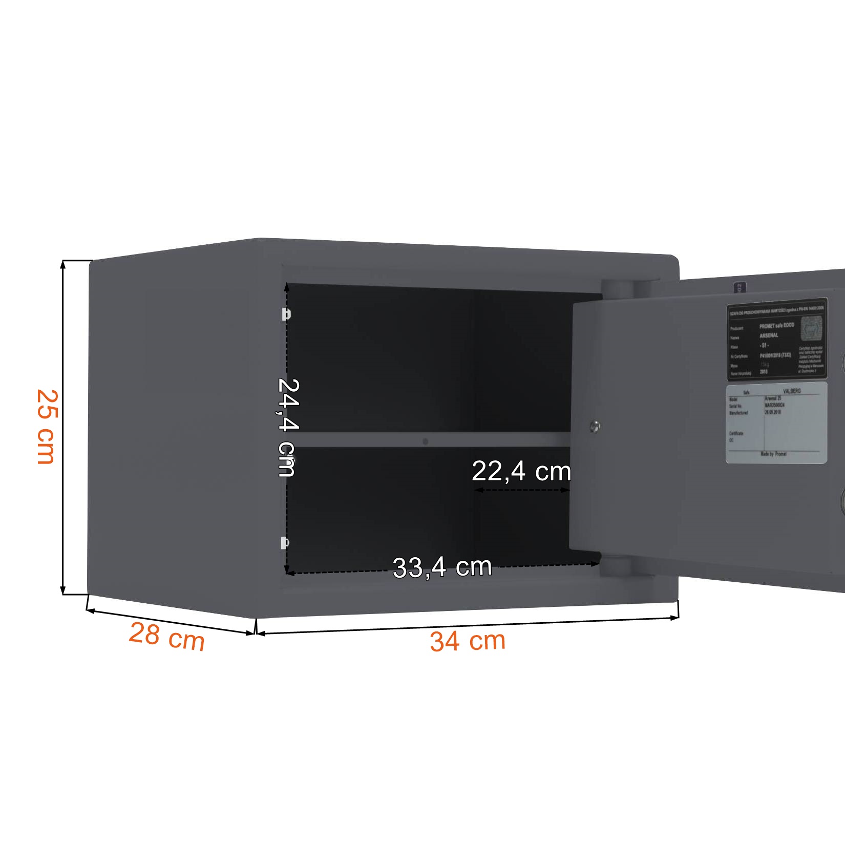 Wymiary sejfu Valberg S1 Arsenal 25 z zamkiem kluczowym w kolorze grafitowym