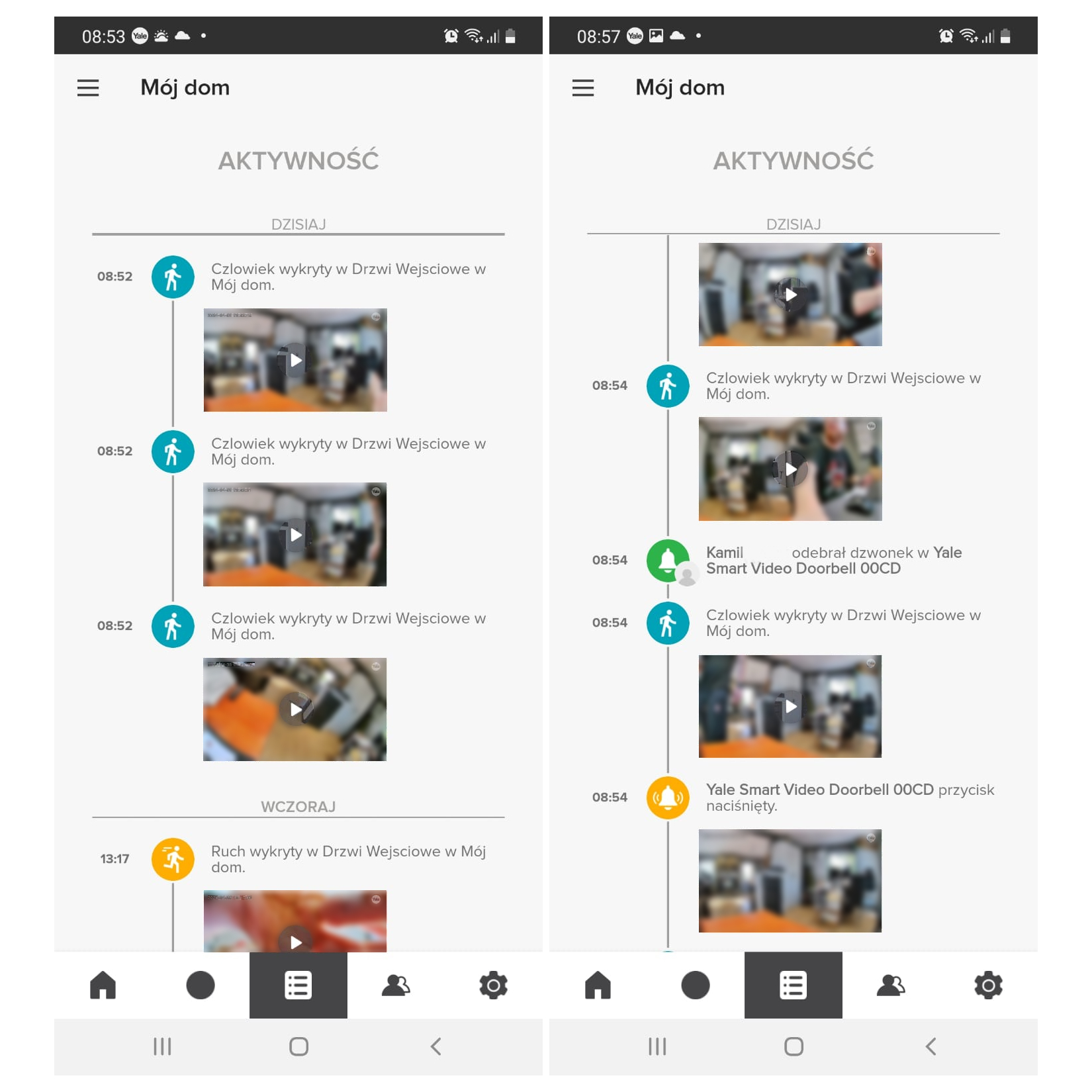 Screeny z aplikacji Yale Home pokazujące powiadomienia z używania Yale Smart Video Doorbell