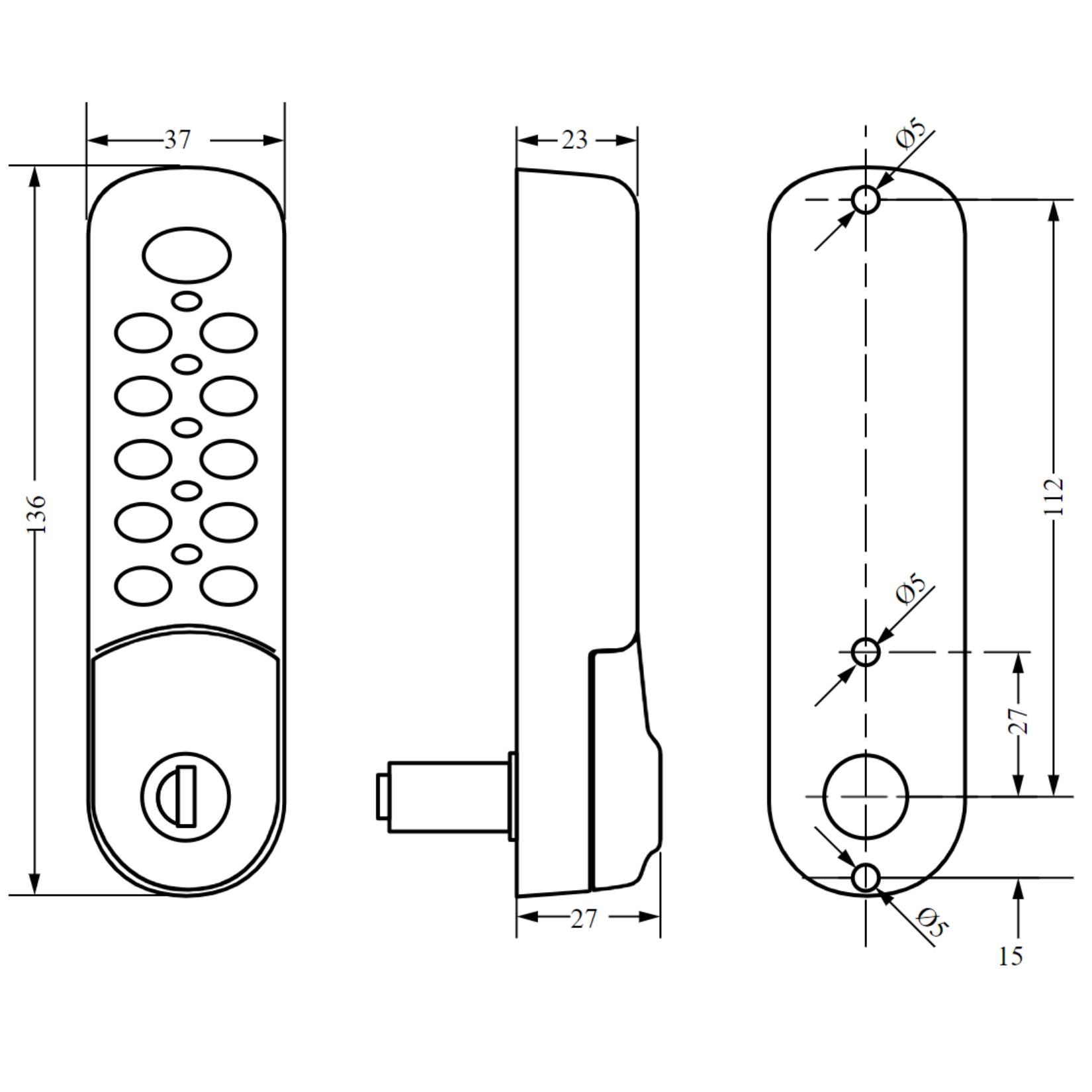 Rysunek techniczny zamka na kod do drzwi Euro-Locks 3780 DCL